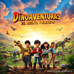 A thrilling movie poster for a film titled 'Dinoaventuras: El Reino Perdido', featuring an epic adventure theme
