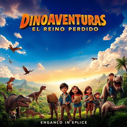 A thrilling movie poster for a film titled 'Dinoaventuras: El Reino Perdido', featuring an epic adventure theme