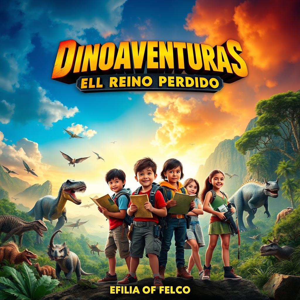 A thrilling movie poster for a film titled 'Dinoaventuras: El Reino Perdido', featuring an epic adventure theme