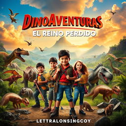 A thrilling movie poster for a film titled 'Dinoaventuras: El Reino Perdido', featuring an epic adventure theme