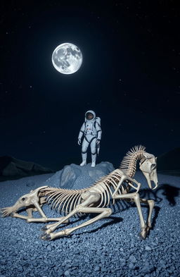 A lone cosmonaut in a futuristic space suit stands majestically above two horse skeletons, partially buried in grey rocky soil