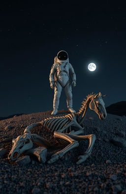 A lone cosmonaut in a futuristic space suit stands majestically above two horse skeletons, partially buried in grey rocky soil