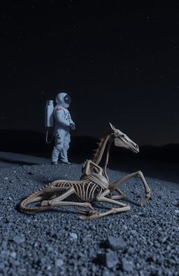 A lone cosmonaut in a futuristic space suit stands majestically above two horse skeletons, partially buried in grey rocky soil