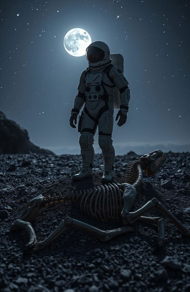 A lone cosmonaut in a futuristic space suit stands majestically above two horse skeletons, partially buried in grey rocky soil