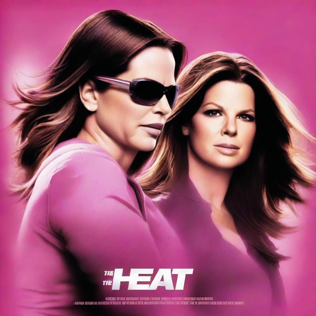 A high-quality, pink-orange duotone movie poster of the film 'The Heat', featuring Sandra Bullock and Melissa McCarthy in their agent roles