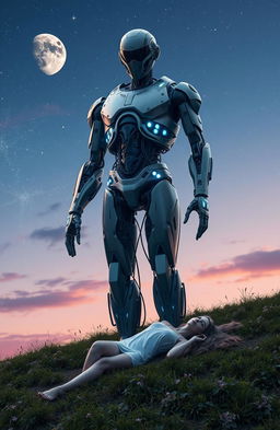 A massive cyborg standing three meters tall, featuring a sleek metallic body with intricate wiring and glowing blue lights