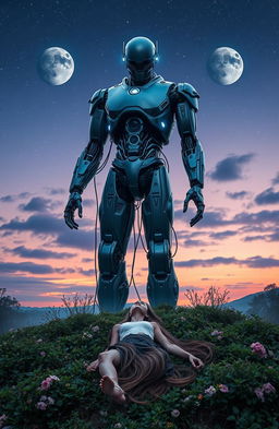 A massive cyborg standing three meters tall, featuring a sleek metallic body with intricate wiring and glowing blue lights
