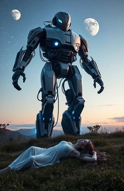 A massive cyborg standing three meters tall, featuring a sleek metallic body with intricate wiring and glowing blue lights