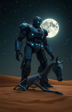 A massive three-meter tall cyborg, with intricate mechanical details and glowing blue lights, stands over a horse's skeleton partially buried in the soft, golden sand