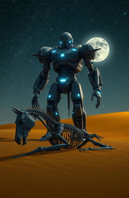 A massive three-meter tall cyborg, with intricate mechanical details and glowing blue lights, stands over a horse's skeleton partially buried in the soft, golden sand