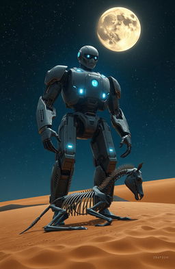 A massive three-meter tall cyborg, with intricate mechanical details and glowing blue lights, stands over a horse's skeleton partially buried in the soft, golden sand