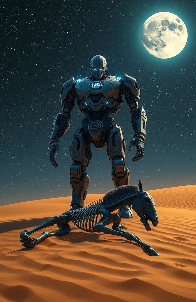 A massive three-meter tall cyborg, with intricate mechanical details and glowing blue lights, stands over a horse's skeleton partially buried in the soft, golden sand