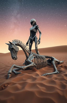 A three-meter tall cyborg with a sleek and futuristic design stands imposingly over the skeleton of a horse that is half-buried in the sand
