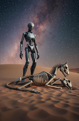 A three-meter tall cyborg with a sleek and futuristic design stands imposingly over the skeleton of a horse that is half-buried in the sand