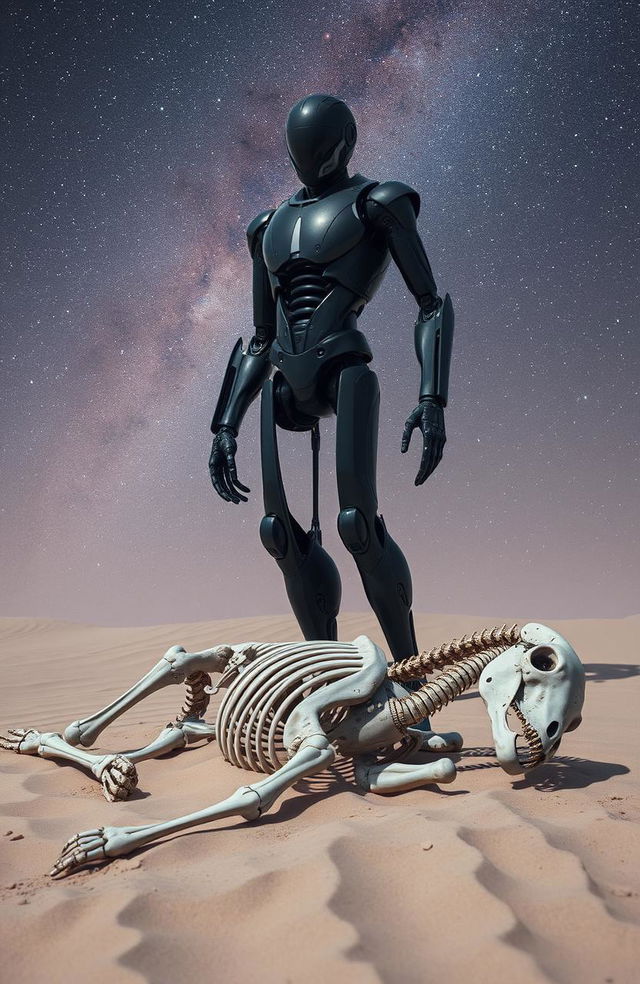 A three-meter tall cyborg with a sleek and futuristic design stands imposingly over the skeleton of a horse that is half-buried in the sand