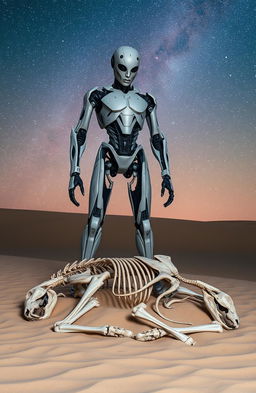 A three-meter tall cyborg with a sleek and futuristic design stands imposingly over the skeleton of a horse that is half-buried in the sand