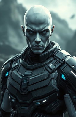 A futuristic male cyborg character with white skin and striking white eyes, completely hairless with a bare head