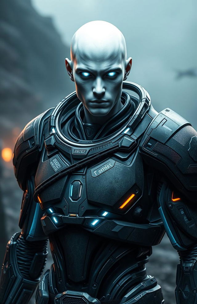 A futuristic male cyborg character with white skin and striking white eyes, completely hairless with a bare head