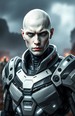 A futuristic male cyborg character with white skin and striking white eyes, completely hairless with a bare head