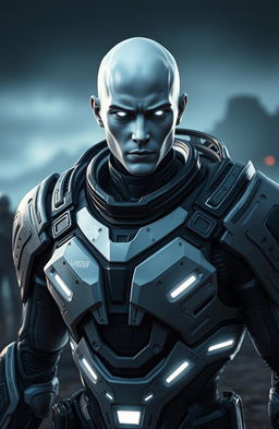 A futuristic male cyborg character with white skin and striking white eyes, completely hairless with a bare head