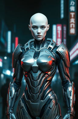 A futuristic female cyborg with pristine white skin and striking white eyes, entirely hairless and bare-headed