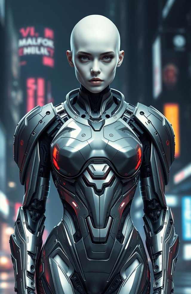 A futuristic female cyborg with pristine white skin and striking white eyes, entirely hairless and bare-headed