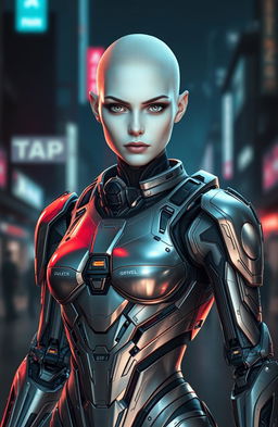 A futuristic female cyborg with pristine white skin and striking white eyes, entirely hairless and bare-headed