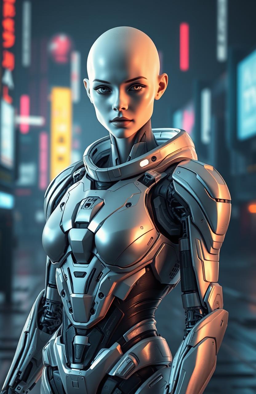 A futuristic female cyborg with pristine white skin and striking white eyes, entirely hairless and bare-headed