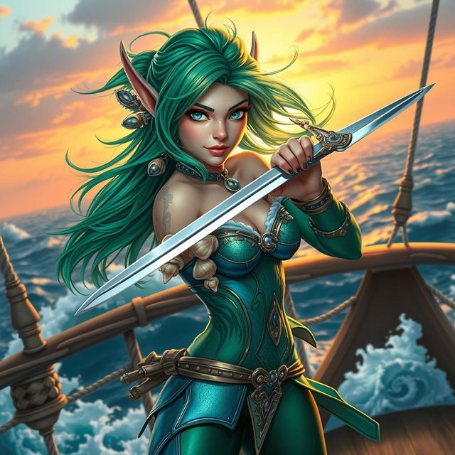 A captivating sea elf swashbuckler with vibrant green hair, elegantly wielding a rapier