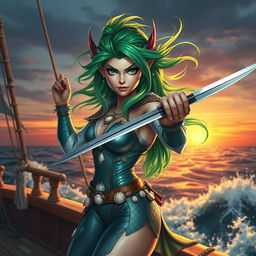 A captivating sea elf swashbuckler with vibrant green hair, elegantly wielding a rapier