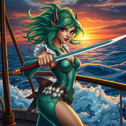 A captivating sea elf swashbuckler with vibrant green hair, elegantly wielding a rapier