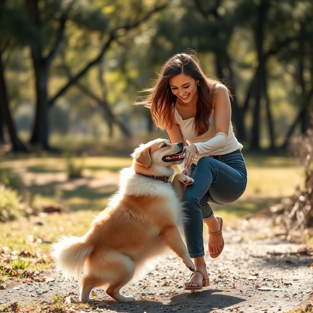 A striking and artistic representation of a woman interacting playfully with her dog in a scenic outdoor setting