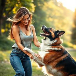 A striking and artistic representation of a woman interacting playfully with her dog in a scenic outdoor setting