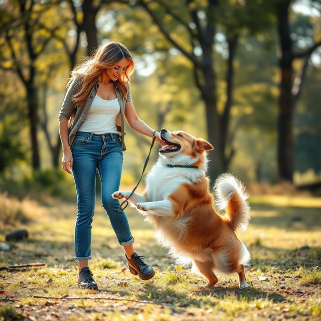 A striking and artistic representation of a woman interacting playfully with her dog in a scenic outdoor setting