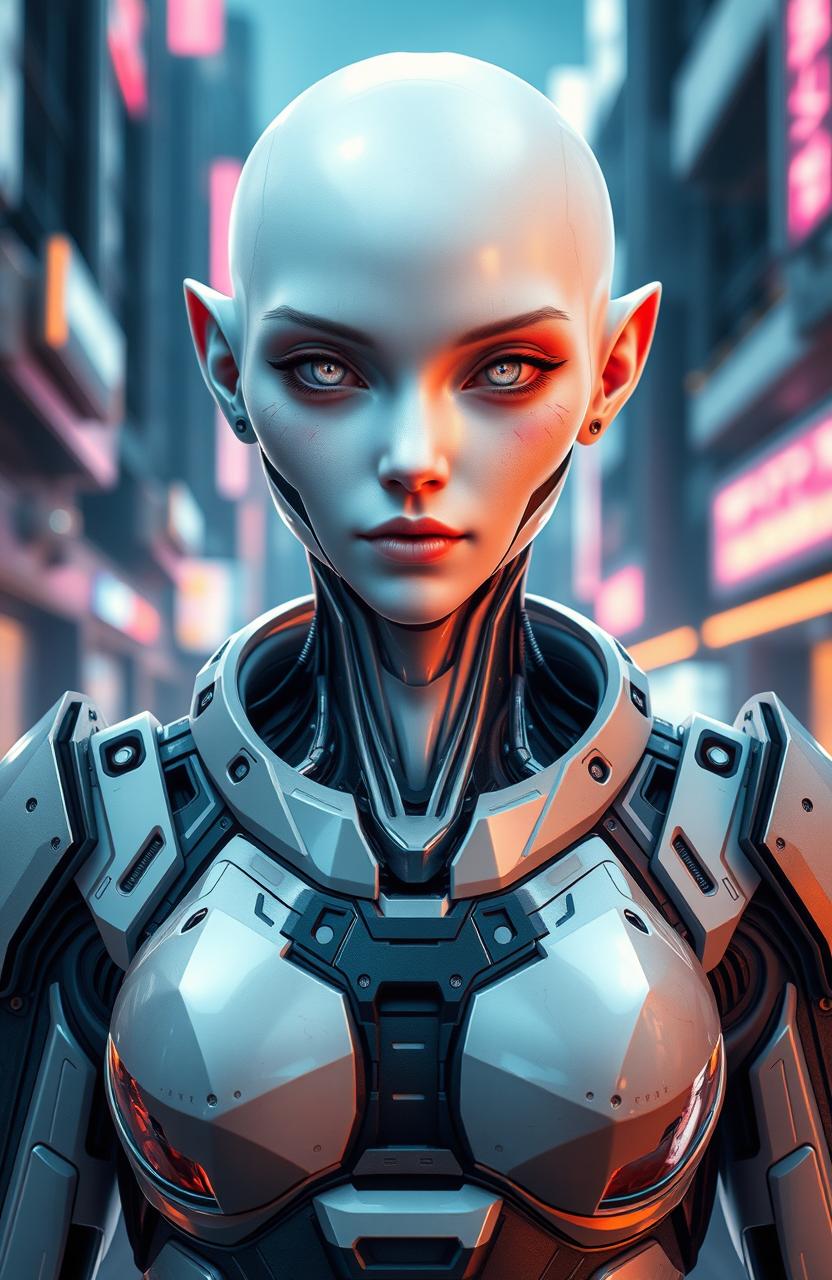 A female cyborg with white gummy skin, featuring closed nostrils and folded ears