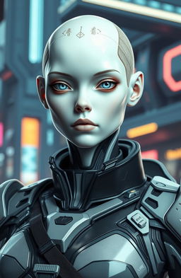 A female cyborg with white gummy skin, featuring closed nostrils and folded ears