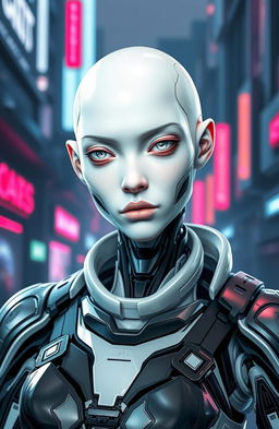 A female cyborg with white gummy skin, featuring closed nostrils and folded ears