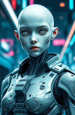A female cyborg with white gummy skin, featuring closed nostrils and folded ears