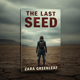 A book cover design for "The Last Seed" by Zara Greenleaf, featuring a lone figure standing in a vast, desolate wasteland