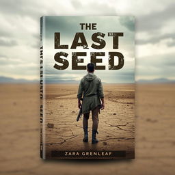 A book cover design for "The Last Seed" by Zara Greenleaf, featuring a lone figure standing in a vast, desolate wasteland