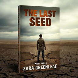 A book cover design for "The Last Seed" by Zara Greenleaf, featuring a lone figure standing in a vast, desolate wasteland