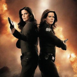 A high-quality, textless, duotone movie poster for 'The Heat', featuring Sandra Bullock and Melissa McCarthy in their agent roles