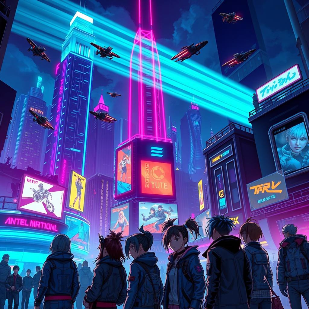 A stunning cyberpunk cityscape illuminated at night, featuring towering skyscrapers adorned with neon lights in vibrant shades of blue, pink, and green