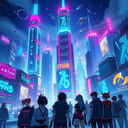A stunning cyberpunk cityscape illuminated at night, featuring towering skyscrapers adorned with neon lights in vibrant shades of blue, pink, and green