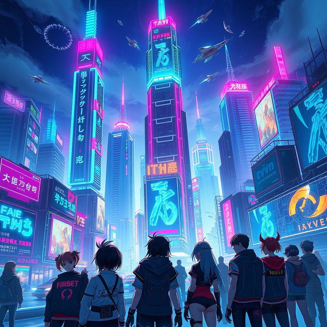 A stunning cyberpunk cityscape illuminated at night, featuring towering skyscrapers adorned with neon lights in vibrant shades of blue, pink, and green