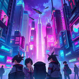A stunning cyberpunk cityscape illuminated at night, featuring towering skyscrapers adorned with neon lights in vibrant shades of blue, pink, and green