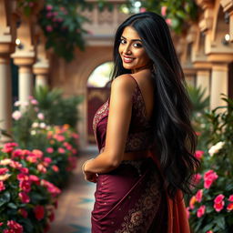 A beautiful tall Indian woman with long flowing black hair, striking features, and an alluring smile