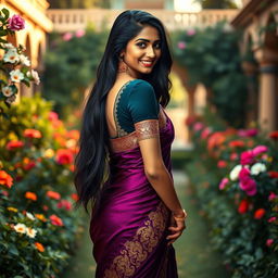 A beautiful tall Indian woman with long flowing black hair, striking features, and an alluring smile