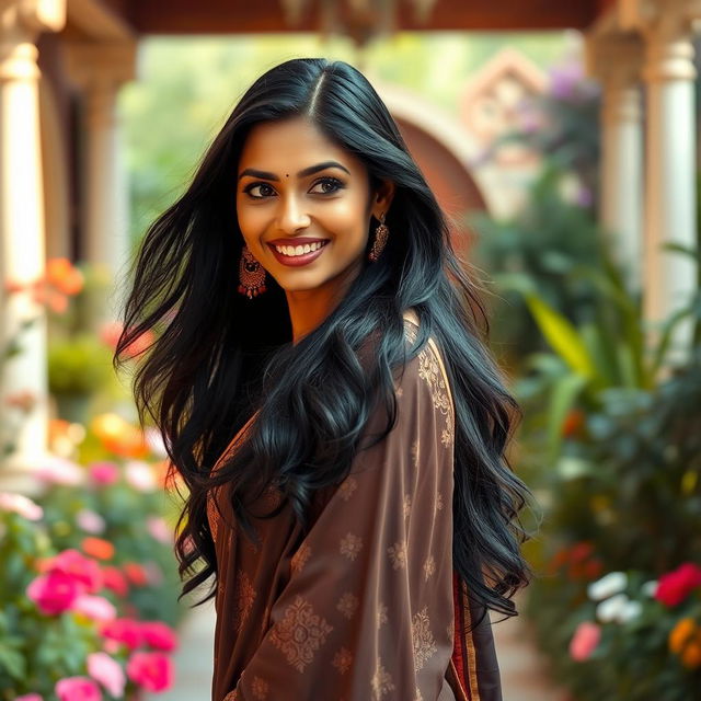 A beautiful tall Indian woman with long flowing black hair, striking features, and an alluring smile