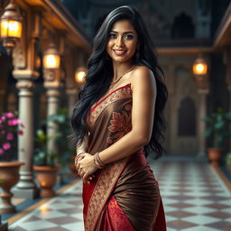 A stunning tall Indian woman with long, luscious black hair and captivating brown eyes